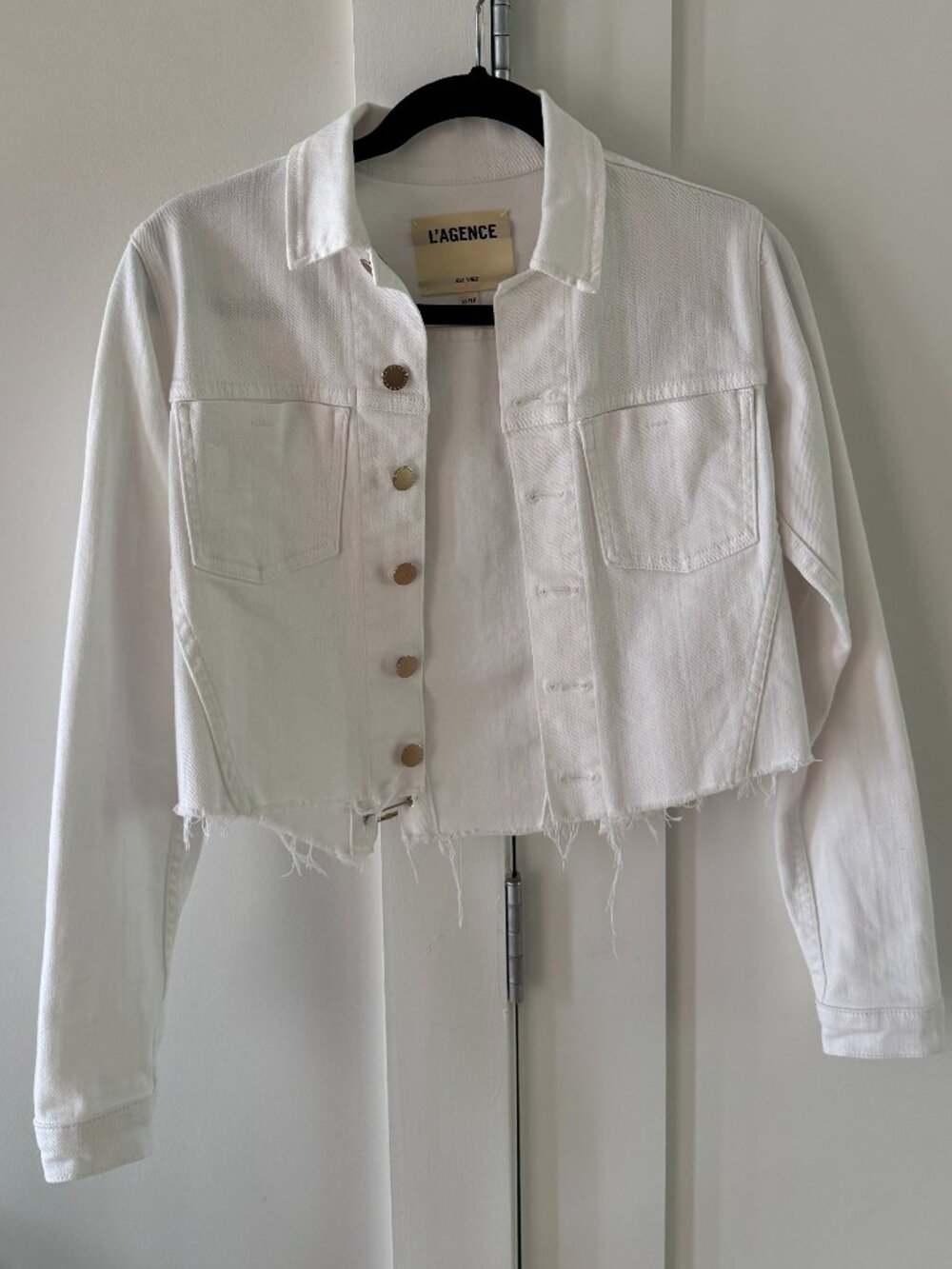 L’AGENCE Aria Safety Pin Cropped Denim White Jean Jacket Women's XS
